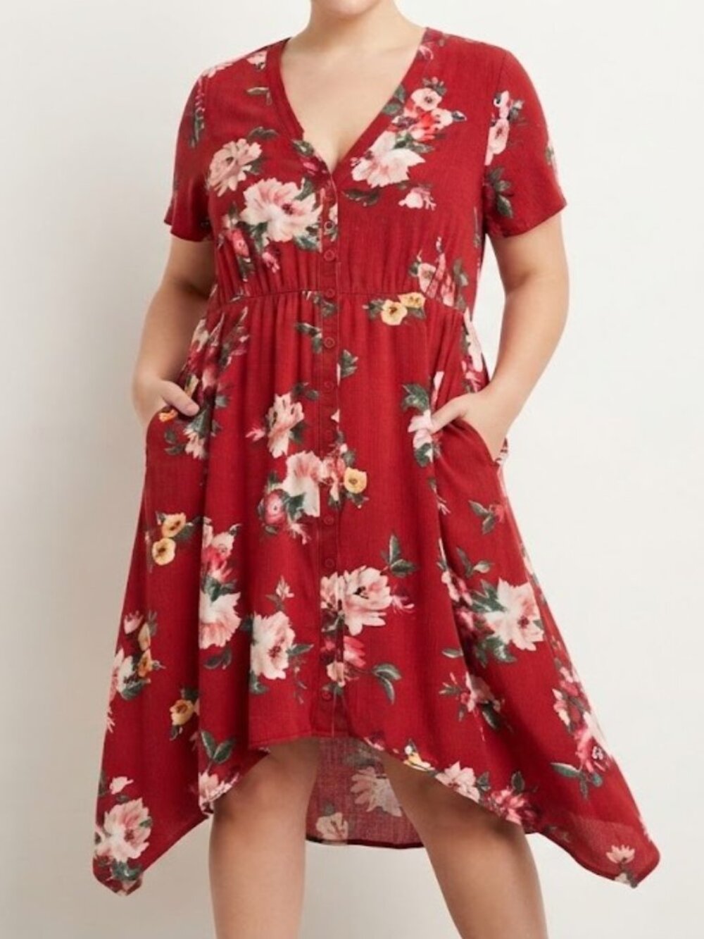 Red Floral Button-Front Flowy Midi Dress with Pockets